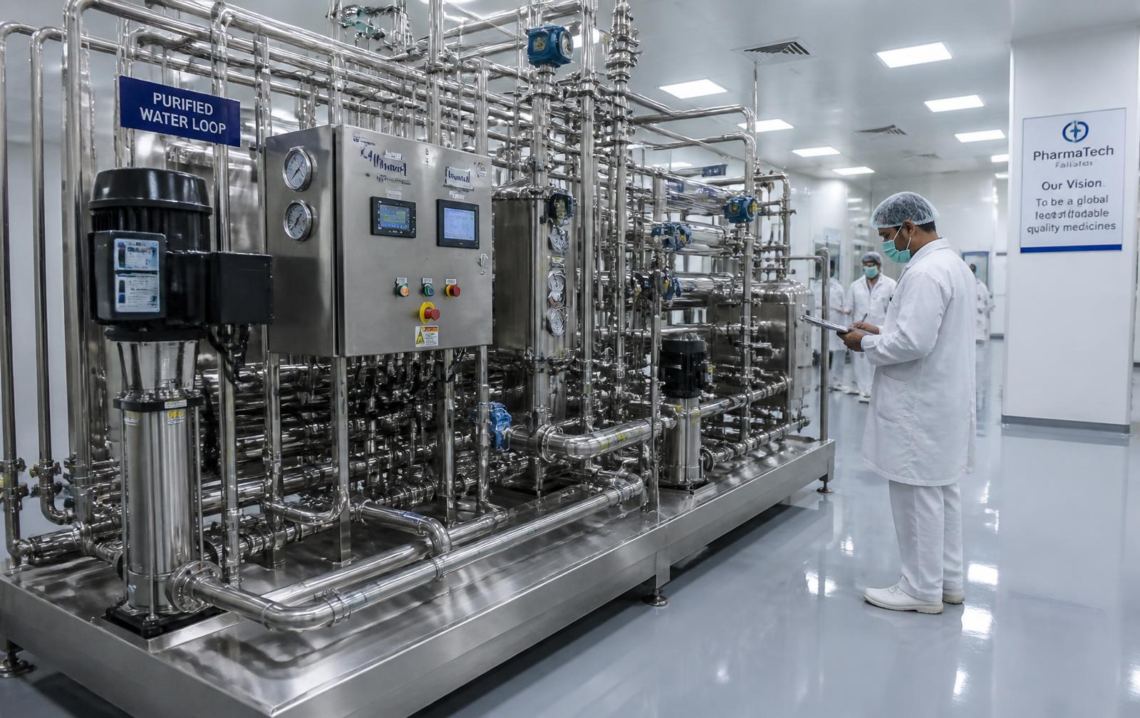 Pharmaceutical purified water loop skid with stainless steel process piping