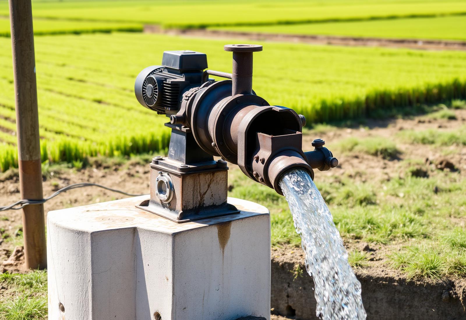Tubewell pump discharging into a concrete watercourse