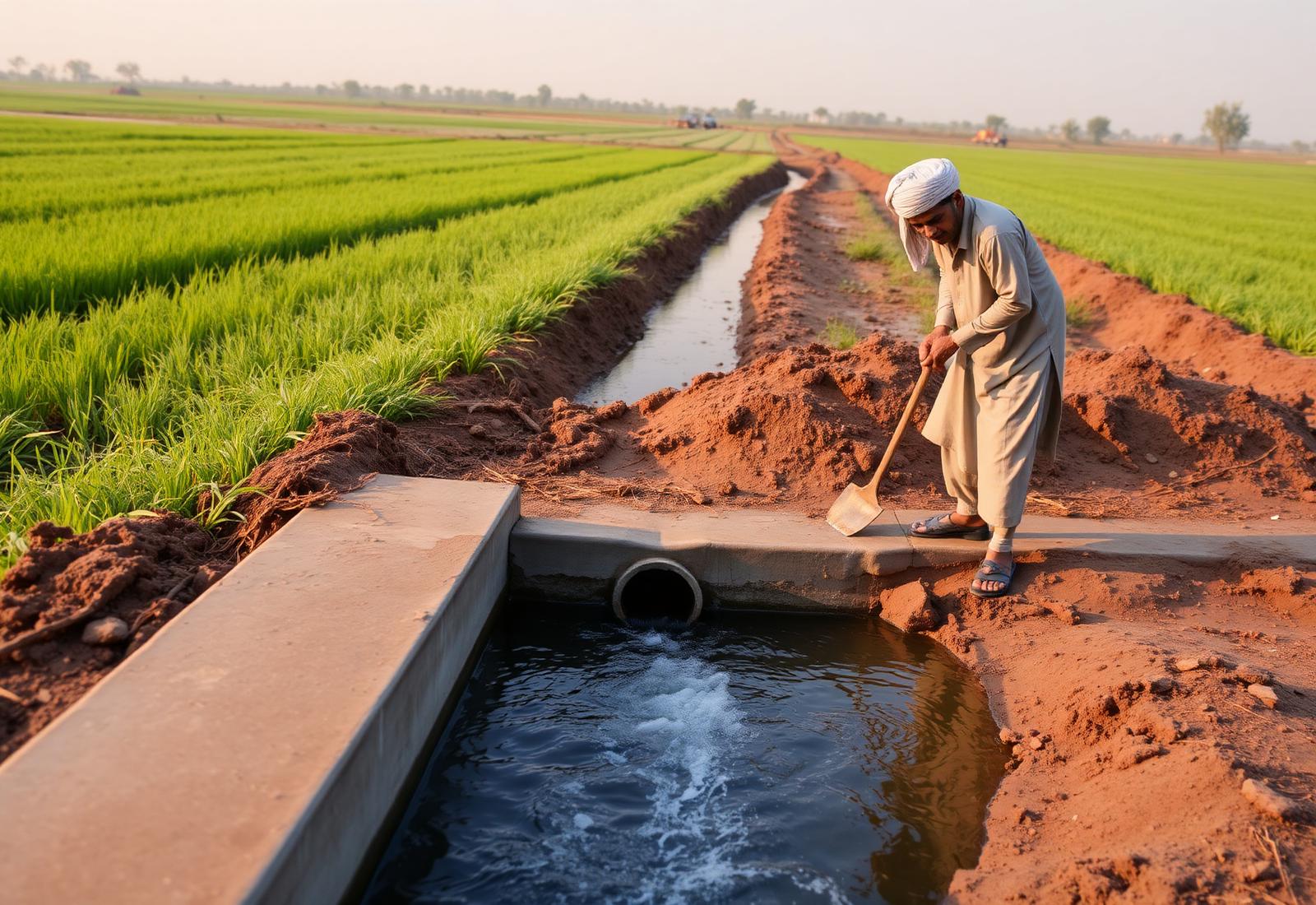 Lined watercourse delivering water to a field