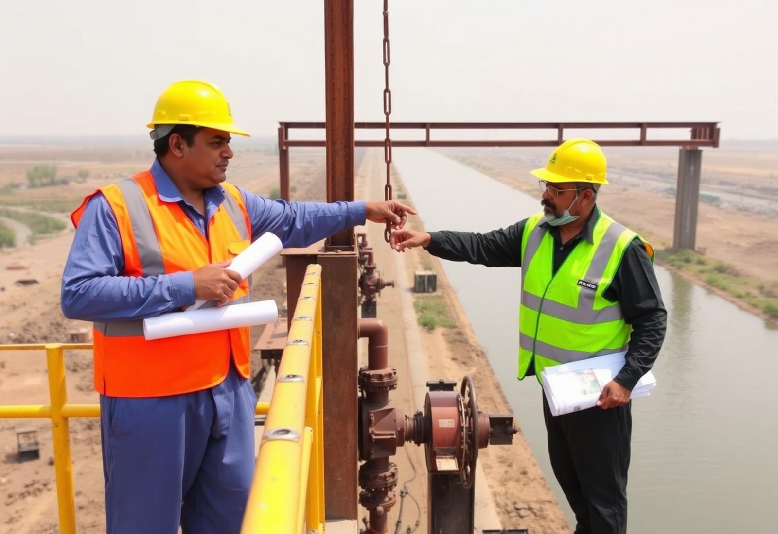 Irrigation engineers inspecting a canal regulator hoisting arrangement