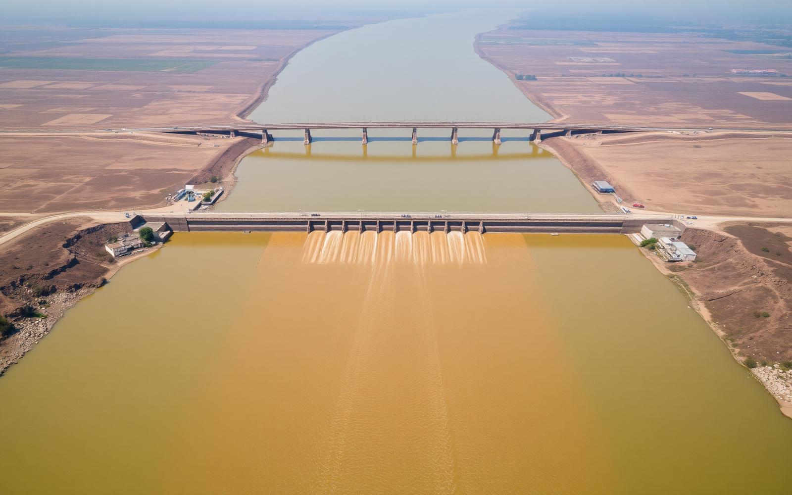 Barrage with gates across a river
